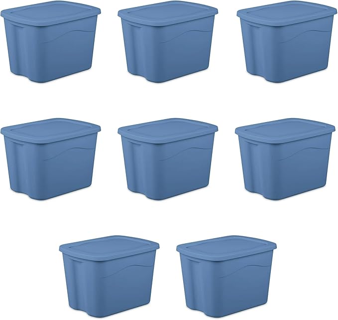 Large Storage Bin, 18 Gallon Plastic Storage Container with Snap-On Lid, Blue Moonlight Household Storage Box 8 Pack