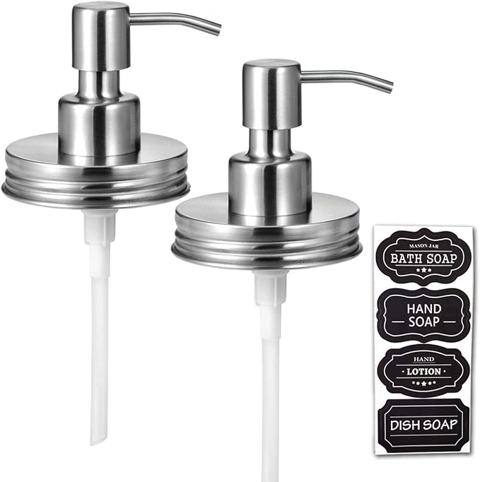 Amolliar Mason Jar Liquid Soap Dispenser Lid, Rustproof Stainless Steel, Cute Farmhouse Decor for Kitchen, Bathroom, Refill Liquid Soap Pump for Hand Soap, Dish Soap, Lotion Soap, Brushed Nickel 2Pack