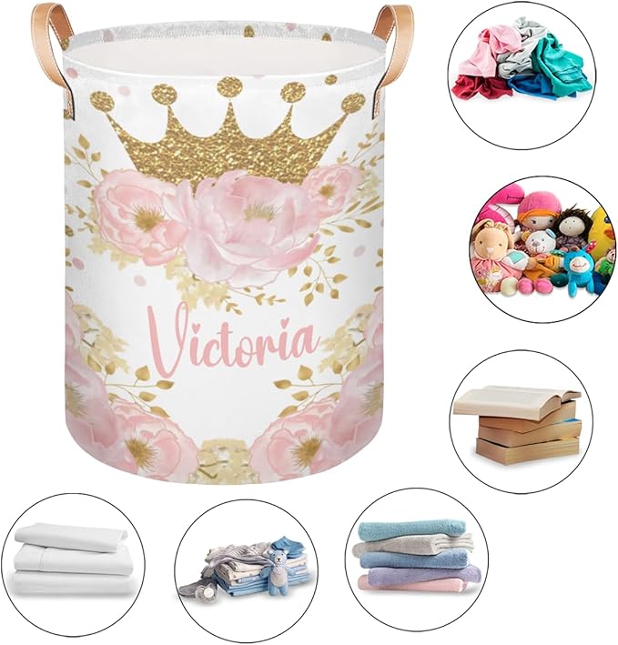Personalized Laundry Basket, Custom Gift Laundry Hamper, Collapsible Nursery Waterproof Laundry Baskets, Dirty Clothes Toy Hamper with Handles Pink Floral Gold Crown