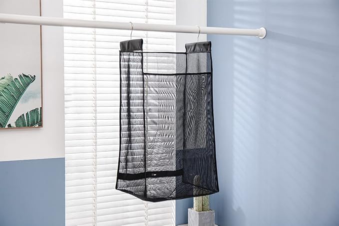 Jelier Hanging Breathable Mesh Laundry Hamper Basket,Portable Heavy Duty Hanging Laundry Bag with Two Hangers (black)