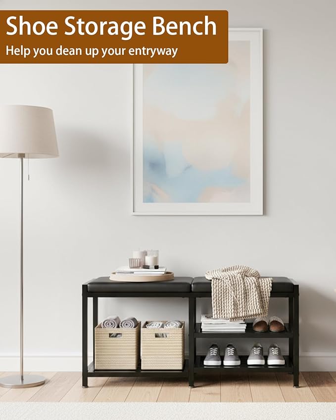 Shoe Rack Storage Bench for Entryway - Iron Shoe Rack with Bench for Entryway, Front Door Entrances or Bathroom, Space-Saving and Robust, Holds Up to 560 lb