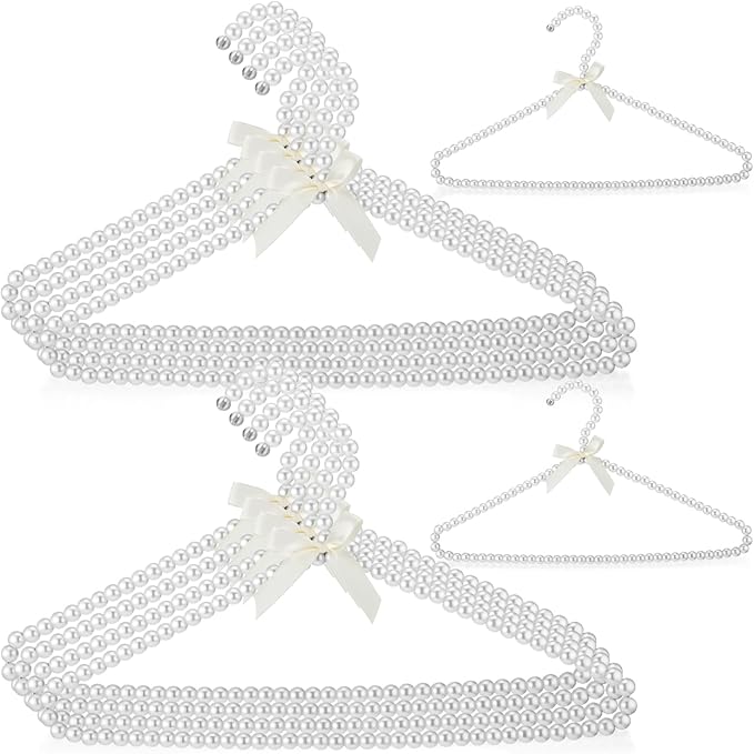 Threan 10 Pcs 16 Inch Pearl Clothes Beaded Clothing Hanger with Ribbon Bowknot Metal Elegant Clothes Standard Hanger for Women Bride Wedding Dress Coat Shirt