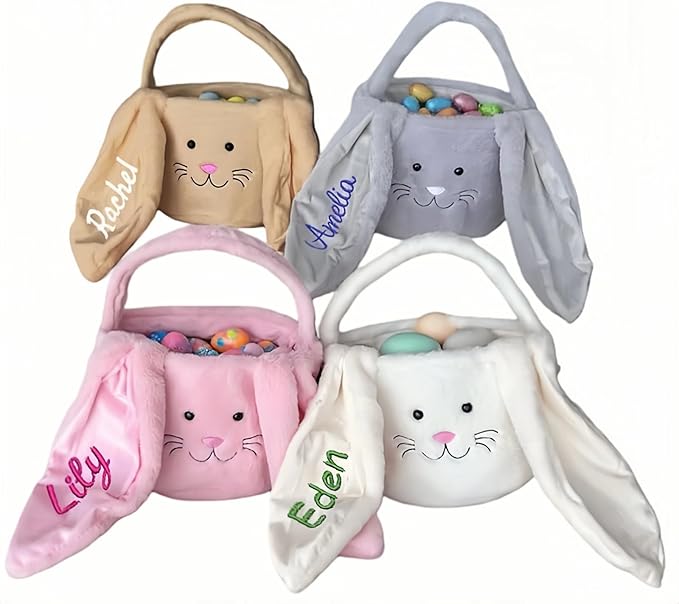 Embroidered Personalized Bunny Bag with Name, Kids Spring Egg Hunt Tote, Baby Boys & Girls Holiday Gift, Custom Monogram Rabbit Carry BaBasket for Easter Egg Hunt