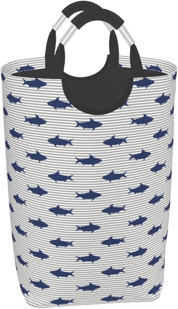 Cute Shark Laundry Basket Ocean Fish Hamper Funny Collapsible Laundry Baskets with Handle Blue Dirty Clothes Hamper Bag for Dorm Family Bathroom Decor Storage 50L