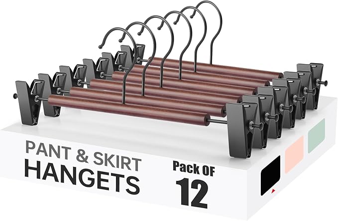 Wooden Pants Hangers with Clips 12 Pack, Heavy Duty Adjustable Clip Non Slip Skirt Hanger for Jeans, Trousers, Short, Clothes, Space Saving Closet Organizer (Black, 12 Pack)