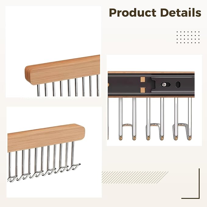 2 PCS 12 Hooks Valet Rod for Closet, Pull-out Closet Organizers, Left and Right Pull-Out Wooden Clothes Hanger Rack, Extendable Closet Rod with Metal Hooks for Bra, Belt, Tie, Scarf