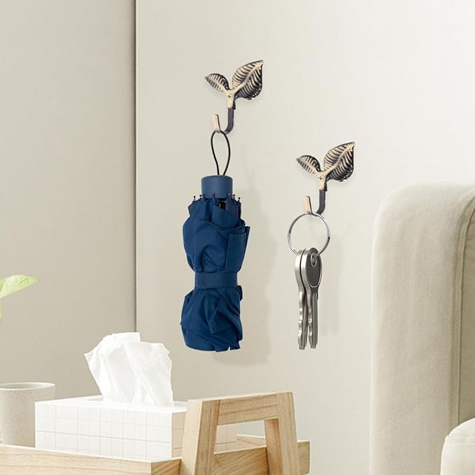 Leaf Shaped Wall Hooks Set of 4 Small Decorative Iron Coat Hooks for Bedroom Bathroom Kitchen Storage Vintage Style Clothes Hooks 3.07X2.75 Inches