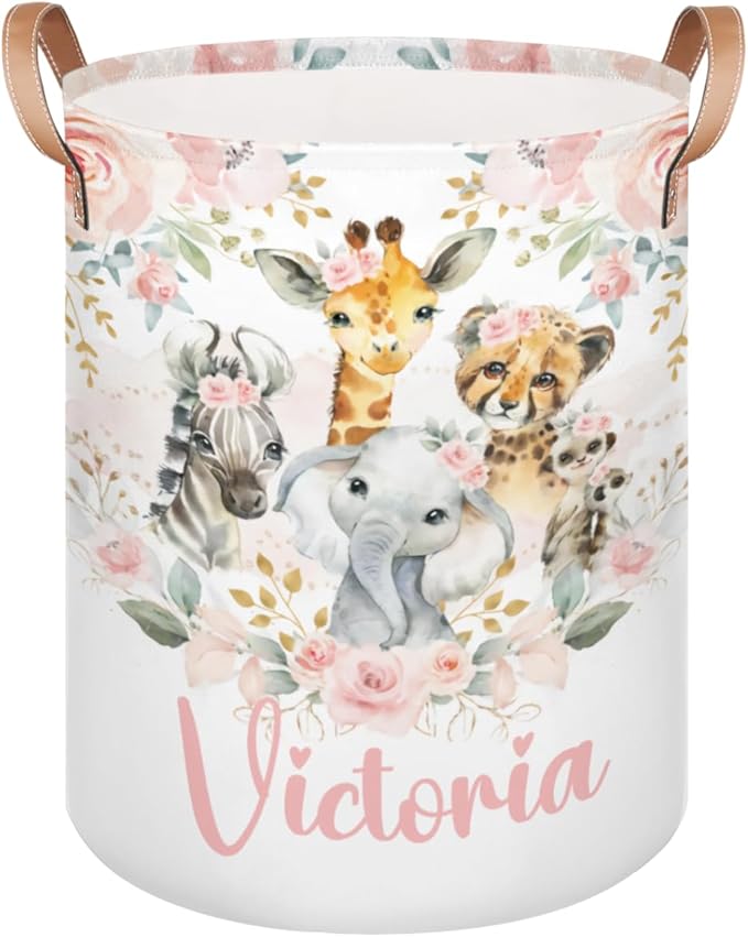 Personalized Laundry Basket, Custom Gift Laundry Hamper, Collapsible Nursery Waterproof Laundry Baskets, Dirty Clothes Toy Hamper with Handles Jungle Safari Blush Floral