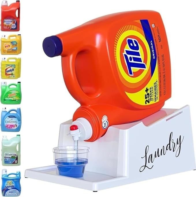 Skywin Laundry Detergent Holder Stand Organizer and Drip Tray for Laundry Room Organization, Laundry Soap Holder for Liquid Laundry Detergent, Laundry Detergent Stand (White with Print)