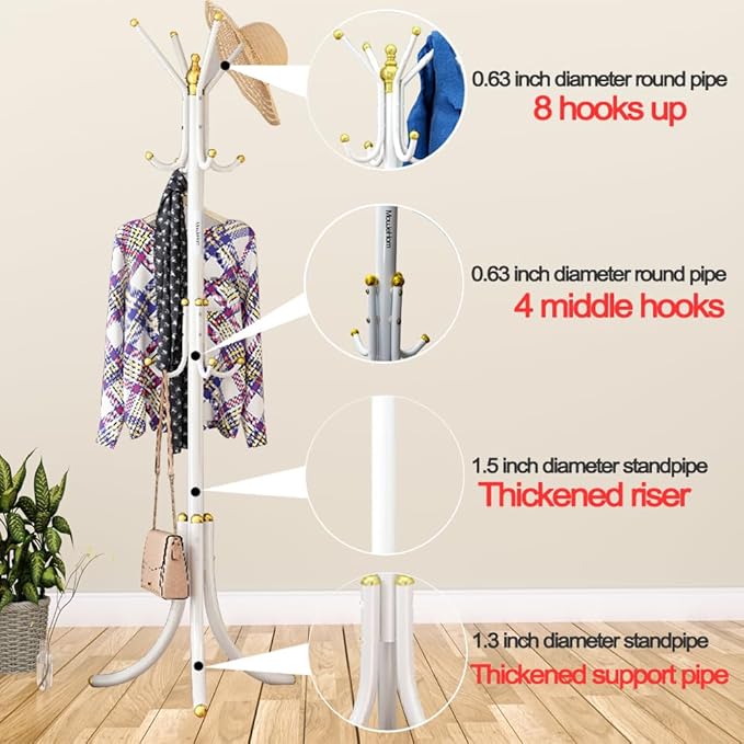 Free-Standing Coat Rack Metal Stand Hanger 12-Hooks Organizer, Hall Tree Entry-Way Furniture for Hanging Up Jacket, Hand-Bag, Cloth, Hat, Winter Scarf Holder for Home or Office Floor White