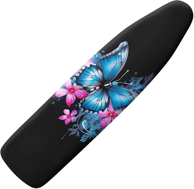 Blue Floral Butterfly Ironing Board Cover Scorch Resistant, Extra Thick Covers with Elastic Edge, Cord Lock, Hook and Loop Fasteners, Iron Board Cover for Standard Boards