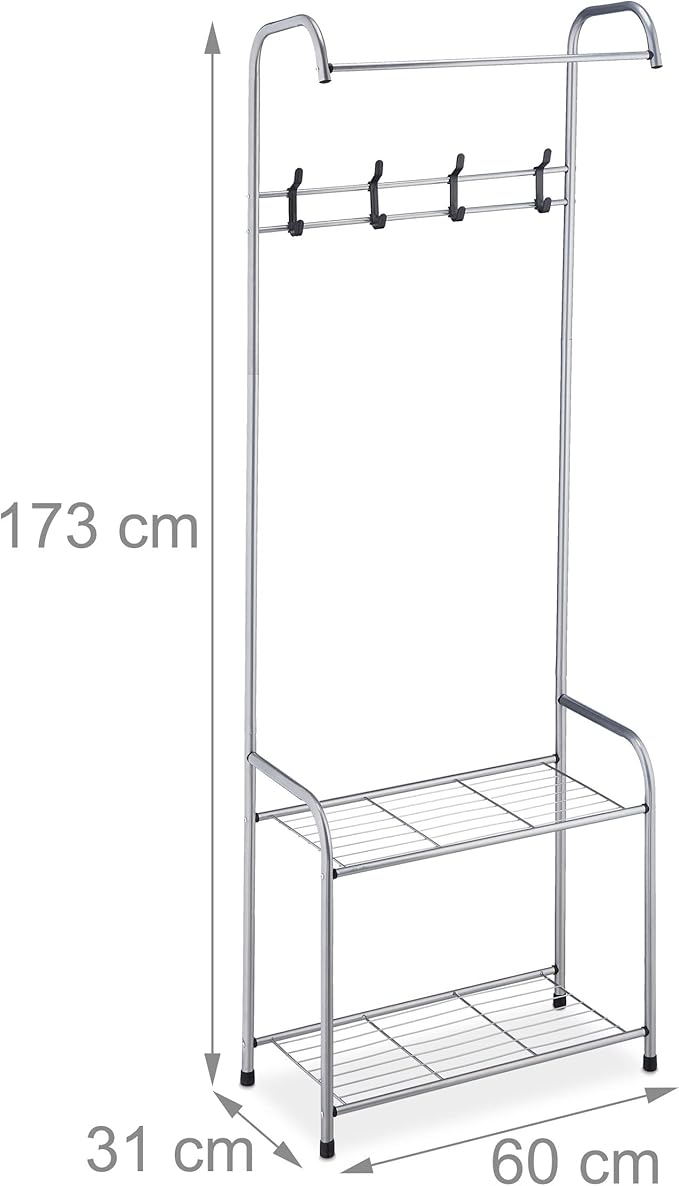 Relaxdays Coat Rack Shelves, 4 Pairs of Shoes, 4 Hooks, 1 Clothes Rail, for Hallway HWD: 173 x 60 x 31cm, Grey, 100% Steel