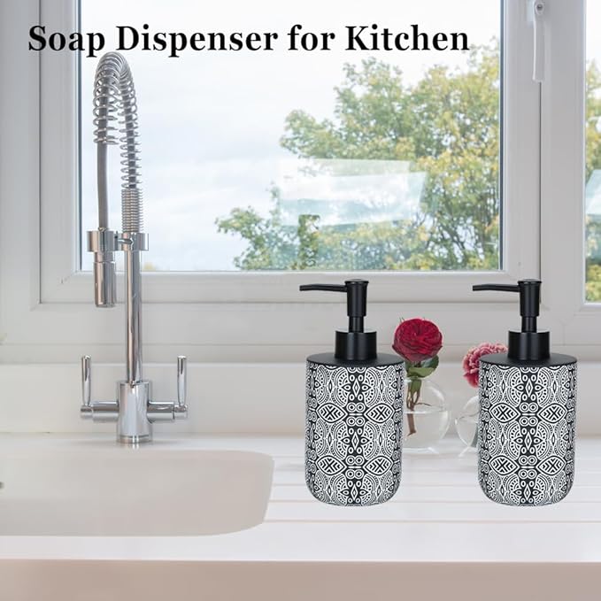 2pcs Hand Soap Dispenser Set, Boho Carving Resin Liquid Soap Dispensers for Bathroom Countertop, Heavy & Sturdy Dish Wash Soap Dispenser for Kitchen, Black