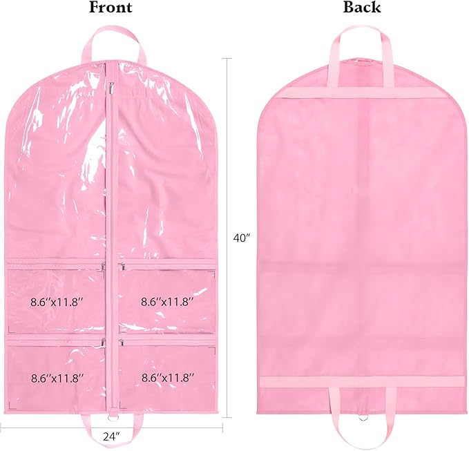 KEEGH Clear Garment Bags for Dance Costumes 40 inch Dance Garment Bags for Dancers Hanging Clothes for Closet Storage, with 4 Zipper Pockets for Dance Competitions, Ballet, Theatre, 2 Pack, Pink