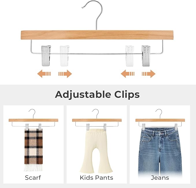 HOUSE DAY Wooden Pants Hangers with Clips, Solid Lotus Deluxe Wood Skirt Hangers, Heavy Duty & Anti-Rust Hook for Wrinkle-Free Slacks, Skirts, Jeans, Space Saving for Closet 20 Pack (Natural)