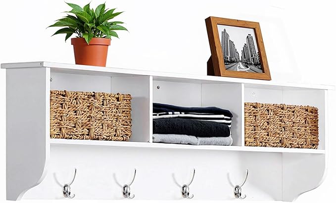 38.6" Contemporary Wall Mounted Coat Rack with Shelf, Entryway Hanging Coat Rack with 3 Shelves, Wall Shelf with 4 Dual Hooks for Hallway, Living Room, Bedroom (White)