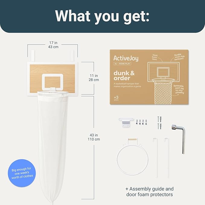 ActiveJoy – Basketball Laundry Hamper – Wooden Backboard & Mesh Hoop Laundry Basket – Over Door Hanging Organizer for Kids - White Oak