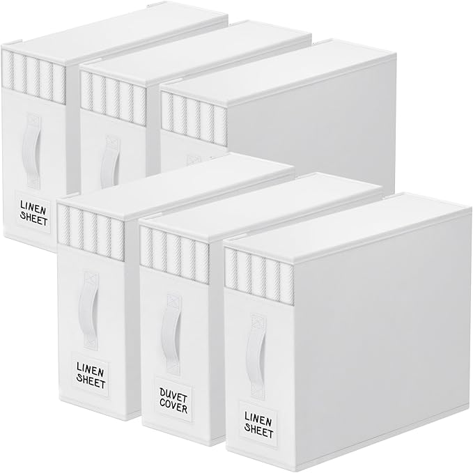 6 Pack Bed Sheet Closet Organizers and Storage,Sturdy Foldable Storage Containers with Window and Label,Storage and Organization for Bedding Sheets,Duvet Covers,Blankets (White)