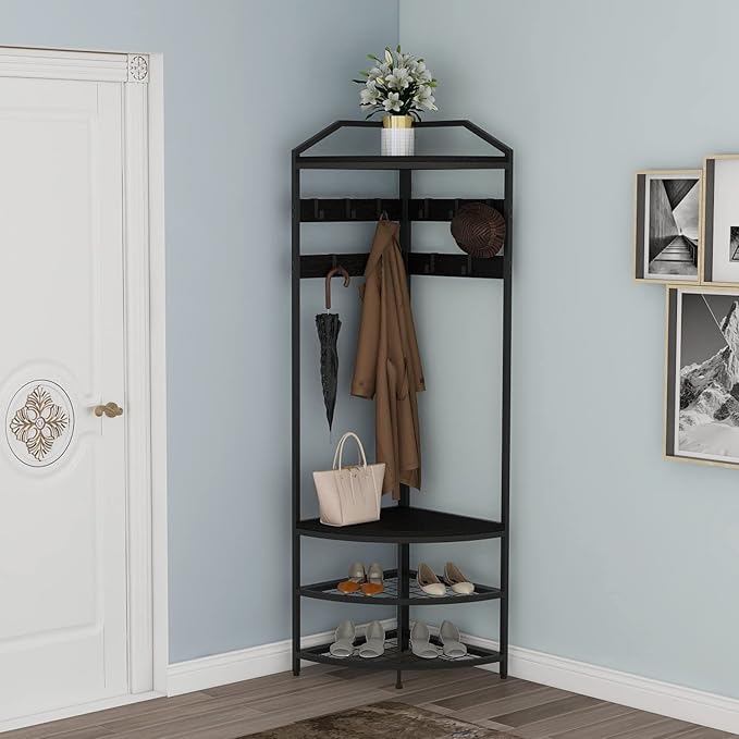 GiftGo Corner Hall Tree with Shoe Bench Entryway Coat Rack with 10 Metal Movable Hooks Freestanding Clothes Rack Shoes Shelf Organizer for Home Office Bedroom (Black)