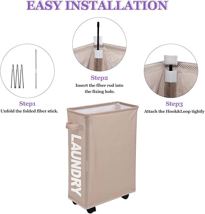 Slim Rolling Laundry Hamper with Wheels, 42L Collapsible Narrow Laundry Basket with Drawstring Mesh Cover, Foldable Dirty Clothes Organizer for Bathroom, Dorm, Small Spaces, Khaki