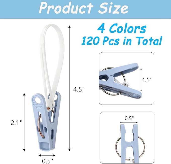 Frcctre 120 Pack Plastic Clothes Pins, Multi-Purpose Plastic Hanging Clips with Rope, Windproof Laundry Hooks Hanger Clips Clothespins Clothes Peg for Hanging Clothes Hat Towel Sock Gloves Photos