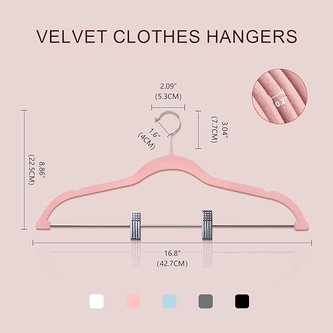 24 Packs Velvet Pant Hangers, 16.8 Inches Velvet Skirt Hangers with Clips, Heavy-Duty Clothes Hangers, Non-Slip Coat Hangers for Shirts, Pants, Skirts, Dresses, Jackets, Coat - Pink