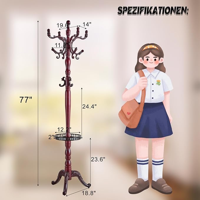 73 in Wood Coat Rack, Coat Rack Freestanding with Stable Round Base, Adjustable Height Tree Coat Racks Stand for Home Bedroom Office Hallway Entryway (Rosewood Tray)