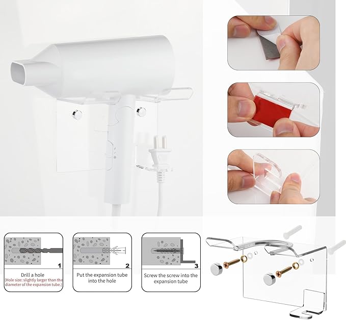 Cosmos Wall Mount Shelves Hair Dryer Holder Acrylic Blow Dryer Storage Rack Multi Functional Bathroom Storage Organizer with Screw Set for Hotel Room Salon Barbershop (Transparent Clear)
