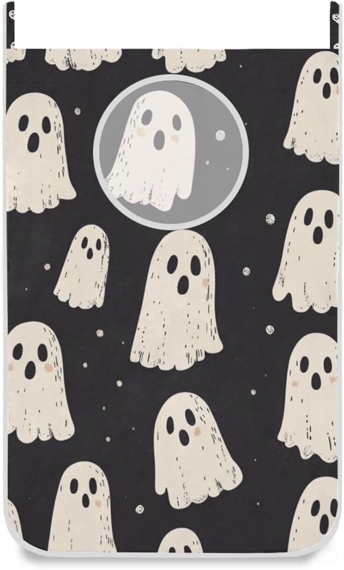 Cute Halloween Ghost Black Hanging Laundry Hamper Door Hampers Bag Basket with Stainless Steel Hooks Oxford Fabric Printing Decorative Clothes Bags 29.5X20inch 2Pack