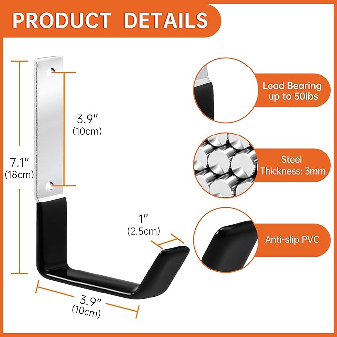 Heavy Duty Steel Utility Hooks, 4 Pack, Wall Mount, 50lbs Weight Capacity, Rust Resistant, Adjustable Easy Install, for Garage, Shed, Workshop Storage and Organization