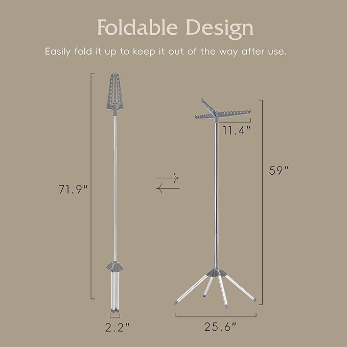 Beaudaily Clothes Drying Rack, Foldable Laundry Drying Rack, Indoor 59-Inch Drying Rack Clothing with 3 Rotatable Arms, Stainless Steel, Holds 27 Pieces, Space Saving, Portable, Grey and Silver
