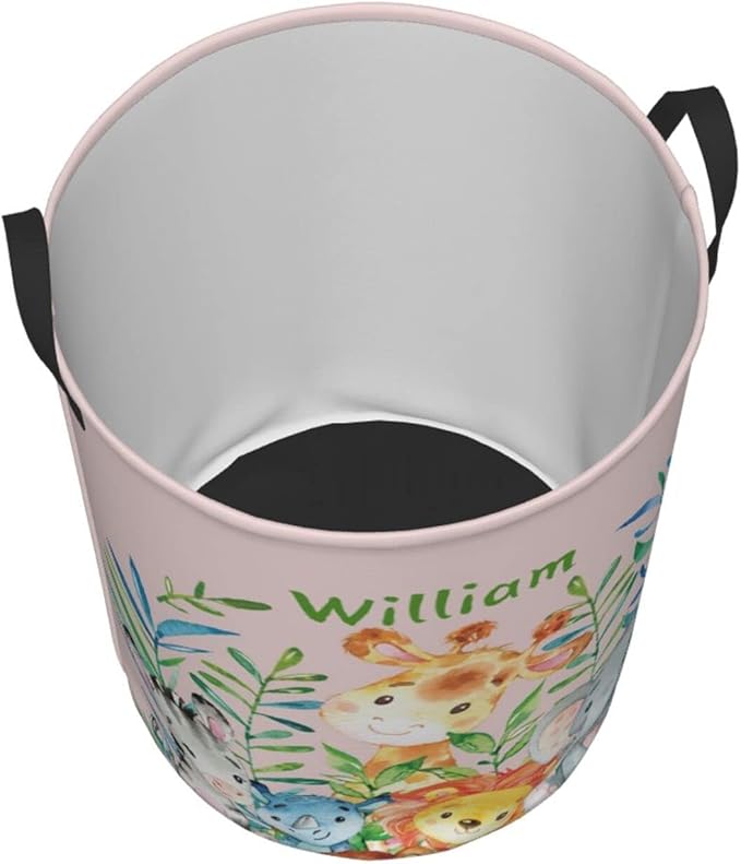 Cute Jungle Animals Customized Laundry Basket with Name Collapsible Waterproof Organizer Bin Laundry Hamper with Handle for Clothes Toys Bedroom.