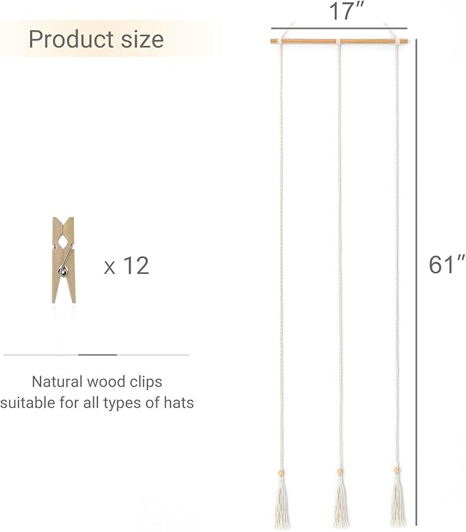 Mkono Hat Rack Hat Hangers for Wall Boho Caps Storage Display Organizer with Decorative Tassels Modern Cowboy Womens Hat Display Holder for Wide Brim Fedora Bowler Baseball Caps, Medium