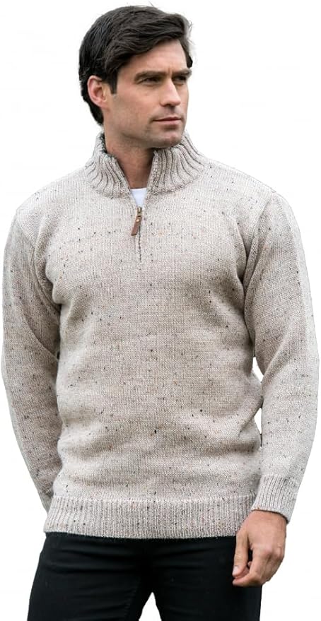 Aran Crafts 1/4 Zip Plain Sweater 100% Wool, Made in Ireland