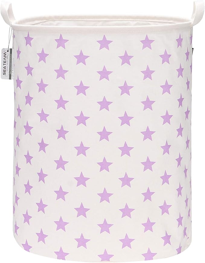 Sea Team 19.7 Inches Large Sized Waterproof Coating Ramie Cotton Fabric Folding Laundry Hamper Bucket Cylindric Burlap Canvas Storage Basket with Stylish Stars Design (19.7", Purple Star)