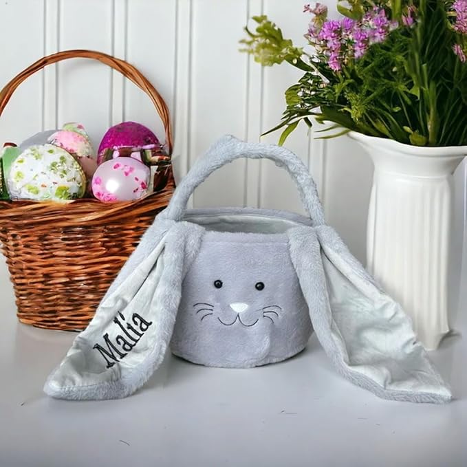 Embroidered Personalized Bunny Bag with Name, Kids Spring Egg Hunt Tote, Baby Boys & Girls Holiday Gift, Custom Monogram Rabbit Carry BaBasket for Easter Egg Hunt
