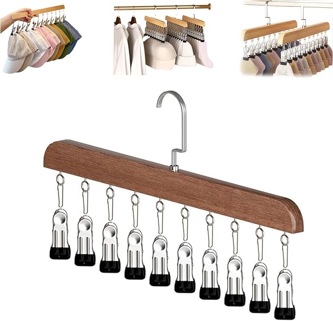 Closet Organizer with 10 Clips, 2026 NEW Space Saving Hanging Closet Organizer, Space-Saving Hat Scarf Clothespins for Jeans Skirts Socks Pant Hangers with Clips (1, Vintage)