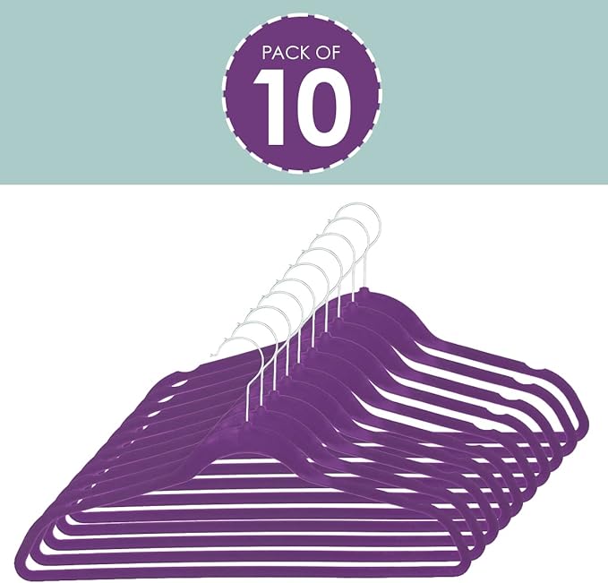 Sunbeam Slip-Proof Snag-Free Ultra Slim Velvet Hanger with Rotating Steel Hook (Pack of 10) (PURPLE)