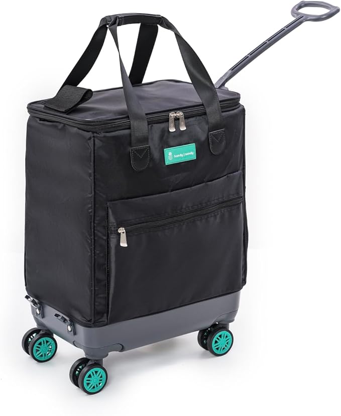 Handy Sandy All-Purpose Roller Bag – Foldable Top-Opening Tote on Wheels with Zipper Closure, 8 Spinner Wheels, Lightweight – Travel, Groceries, Laundry, Work, Everyday Hauling - Patent-Green
