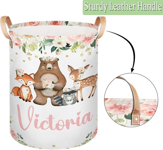Personalized Laundry Basket, Custom Gift Laundry Hamper, Collapsible Nursery Waterproof Laundry Baskets, Dirty Clothes Toy Hamper with Handles Pretty Floral Woodland Animals
