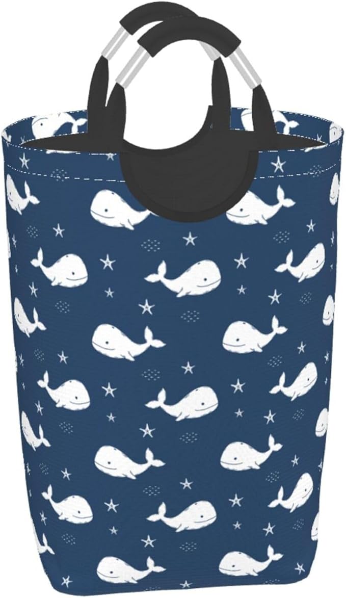 Blue Whale Laundry Basket Navy Blue Foldable Laundry Hamper Ocean Animal Collapsible Laundry Baskets with Handles Clothes Hamper Laundry Tote Bag for Dorm Family Storage Bin 50L