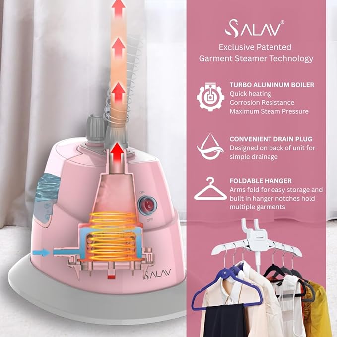 SALAV® Standing Steamer with Garment Hanger, 1.3L Water Tank for 1 Hour Continuous Steaming, Heats in 45 Seconds, Double-Insulated Steam Hose (Blush, Garment Steamer)