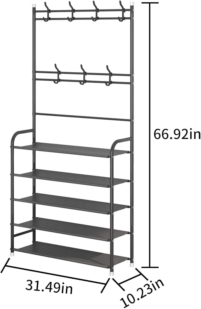 UDEAR Entryway Coat Rack,3-in-1 Hall Tree Multifunctional Storage Shelf with 5-Tier Shoe Bench and 8 hooks,20-25 Pairs of Shoes,Easy Assembly,for Entrance Foyer Bedroom Barthroom,Black