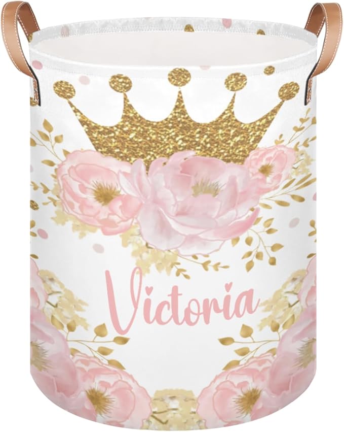 Personalized Laundry Basket, Custom Gift Laundry Hamper, Collapsible Nursery Waterproof Laundry Baskets, Dirty Clothes Toy Hamper with Handles Pink Floral Gold Crown