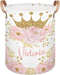 Personalized Laundry Basket, Custom Gift Laundry Hamper, Collapsible Nursery Waterproof Laundry Baskets, Dirty Clothes Toy Hamper with Handles Pink Floral Gold Crown