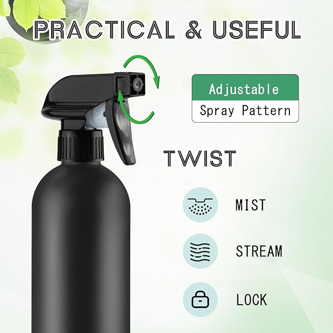 500ml/16 Oz Plastic Spray Bottles,Empty Heavy Duty Adjustable Fine Mist and Stream Container for Home Garden Plant,Essential Oils,Hair,Household Cleaning Solutions-Black,6 Pack