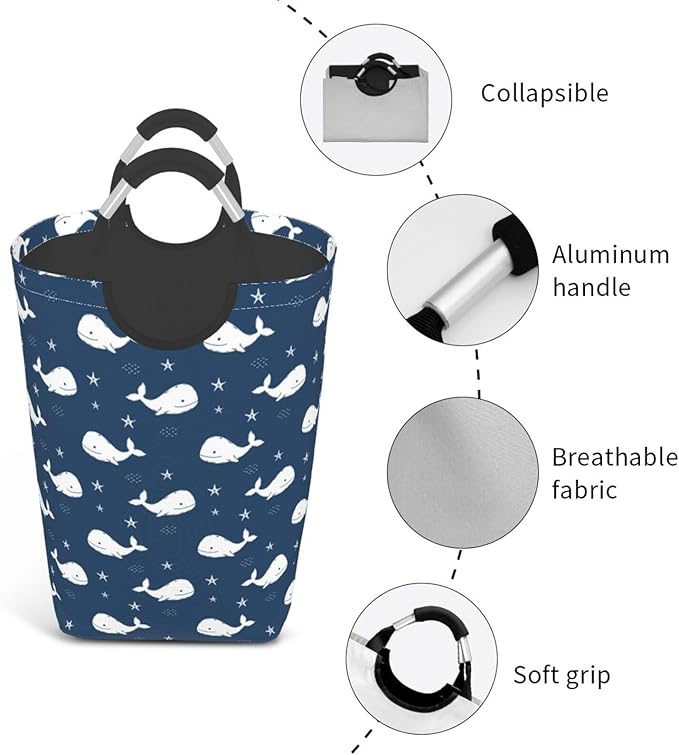 Blue Whale Laundry Basket Navy Blue Foldable Laundry Hamper Ocean Animal Collapsible Laundry Baskets with Handles Clothes Hamper Laundry Tote Bag for Dorm Family Storage Bin 50L