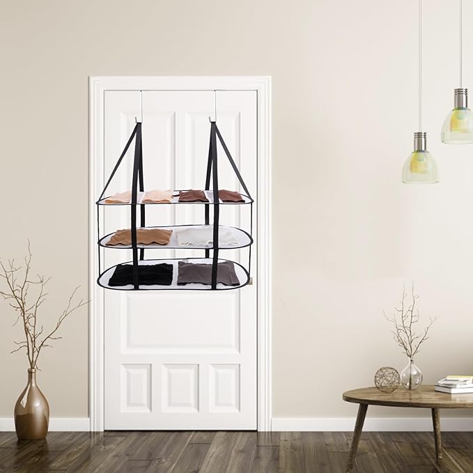 CINPIUK 3-Tier Sweater Drying Rack Over The Door, Foldable Mesh Hanging Dryer Flat with Hooks, Large Breathable Laundry Drying Hanger, Clothes Lay Flat Dryer for Apartments Dorms Bathrooms