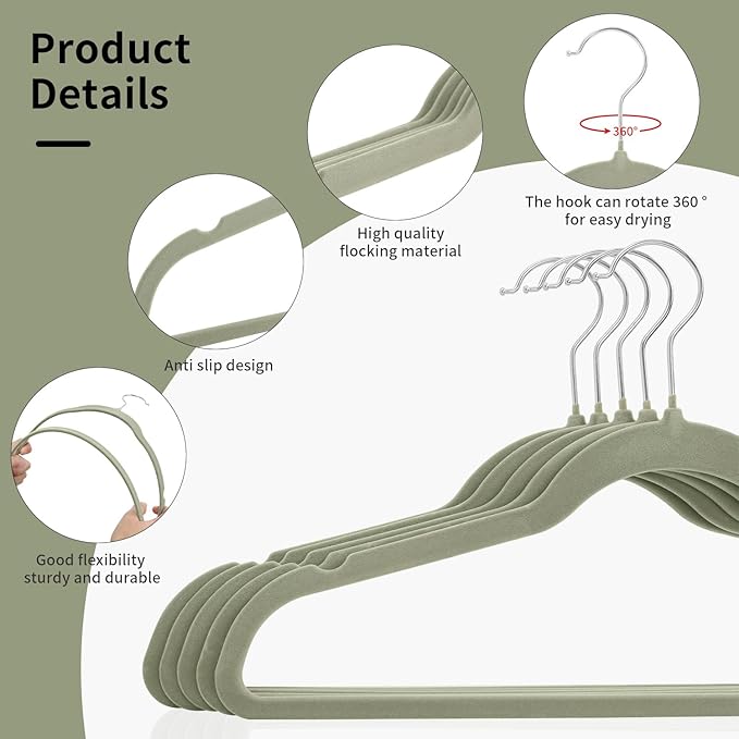 Premium Velvet Clothes Hangers, Heavy Duty Study Black Hangers for Coats, Suit & Dress - Non Slip Clothes Hanger Set (50, Grey/Silver)