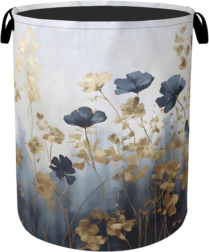 Blue Flowers Laundry Basket - Extra Large Foldable Laundry Hamper with Handles, Washable Storage Bin for Bathroom/Laundry/Bedroom/Dorm